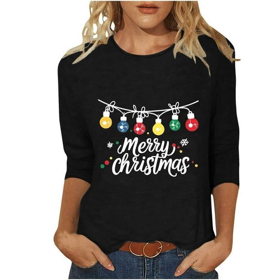 Fashion Fall Saving LiMoi Women's Round Neck Holiday Shirt with 3/4 Sleeve and All Over Christmas Print Tees Tshirts Tops Blouse My Order My Items