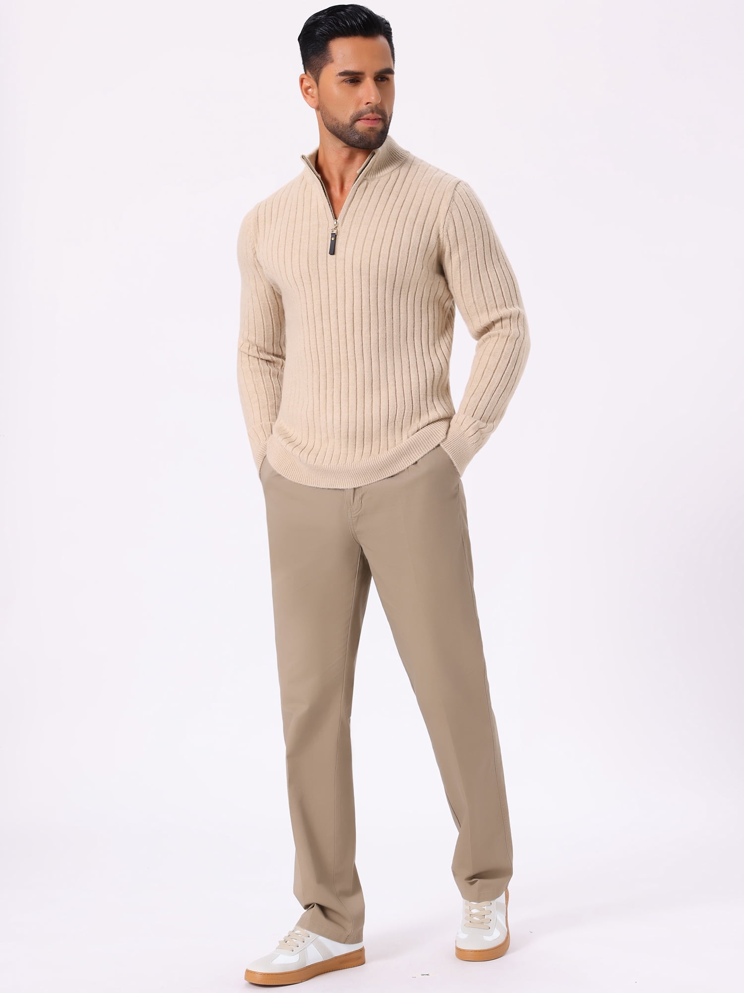 DARING DIVA Men's Casual Pullover Knitted Mock Neck Polo Sweater M Beige
