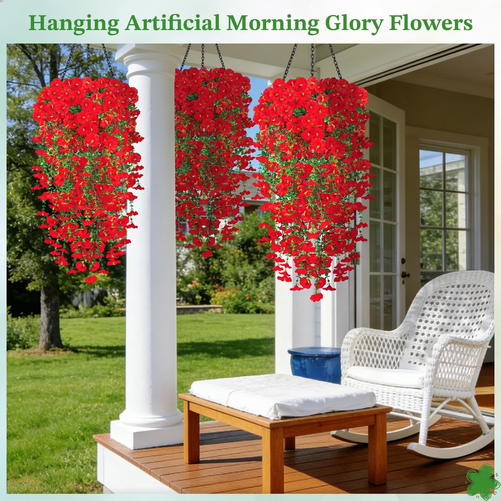 Artificial Hanging Flowers for Outdoors, 6 PCS Silk Morning Glory Artificial Flowers with Eucalyptus Leaves, UV Resistant Fake Flower Realistic Faux Plants for Home Patio Porch Garden0