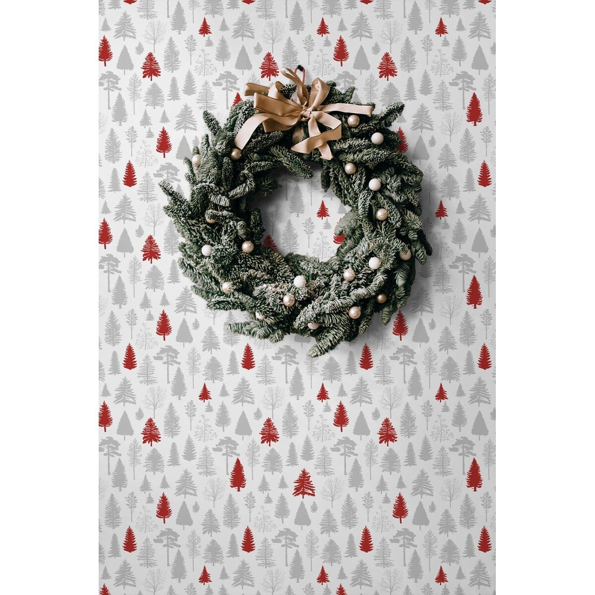 NextWall  Winter Forest Christmas Peel and Stick Wallpaper Grey & Red