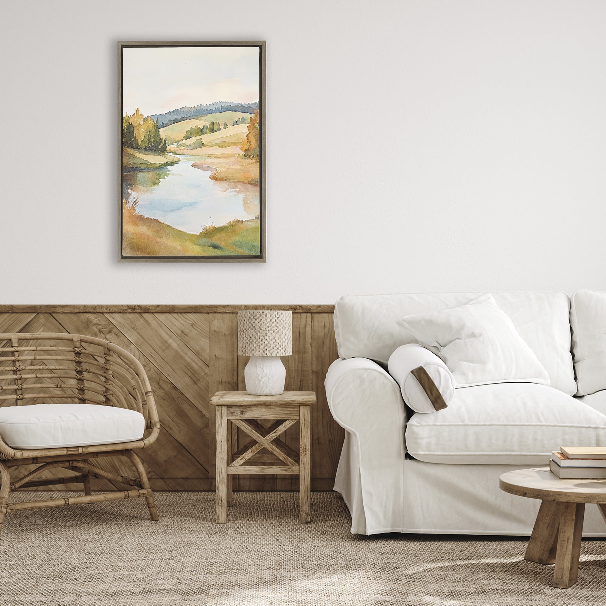 Stupell Industries Serene Watercolor Lake Escape Brown Framed Floater Canvas Wall Art, design by Petal Prints Design
