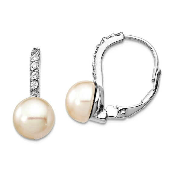 925 Sterling Silver 7mm Freshwater Cultured Pearl & Cubic Zirconia Leverback Earrings 17x7mm Stud Earring for Women