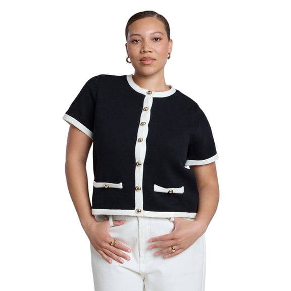 ELOQUII Women's Plus Size Tipping Detail Cropped Cardigan
