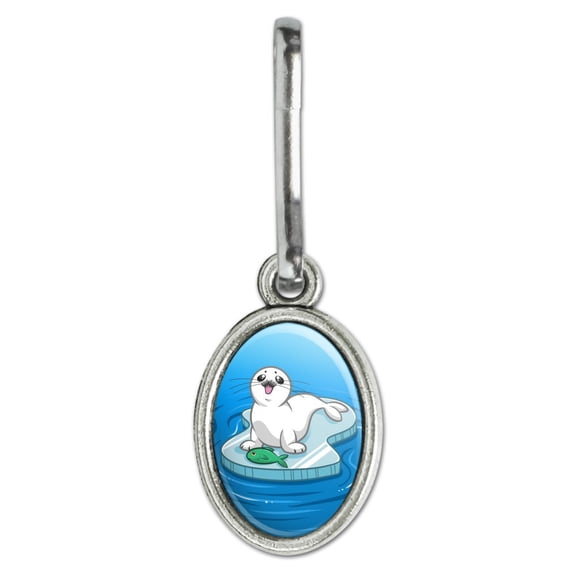 Cute Harp Seal Pup on Ice with Fish Antiqued Oval Charm Clothes Purse Suitcase Backpack Zipper Pull Aid