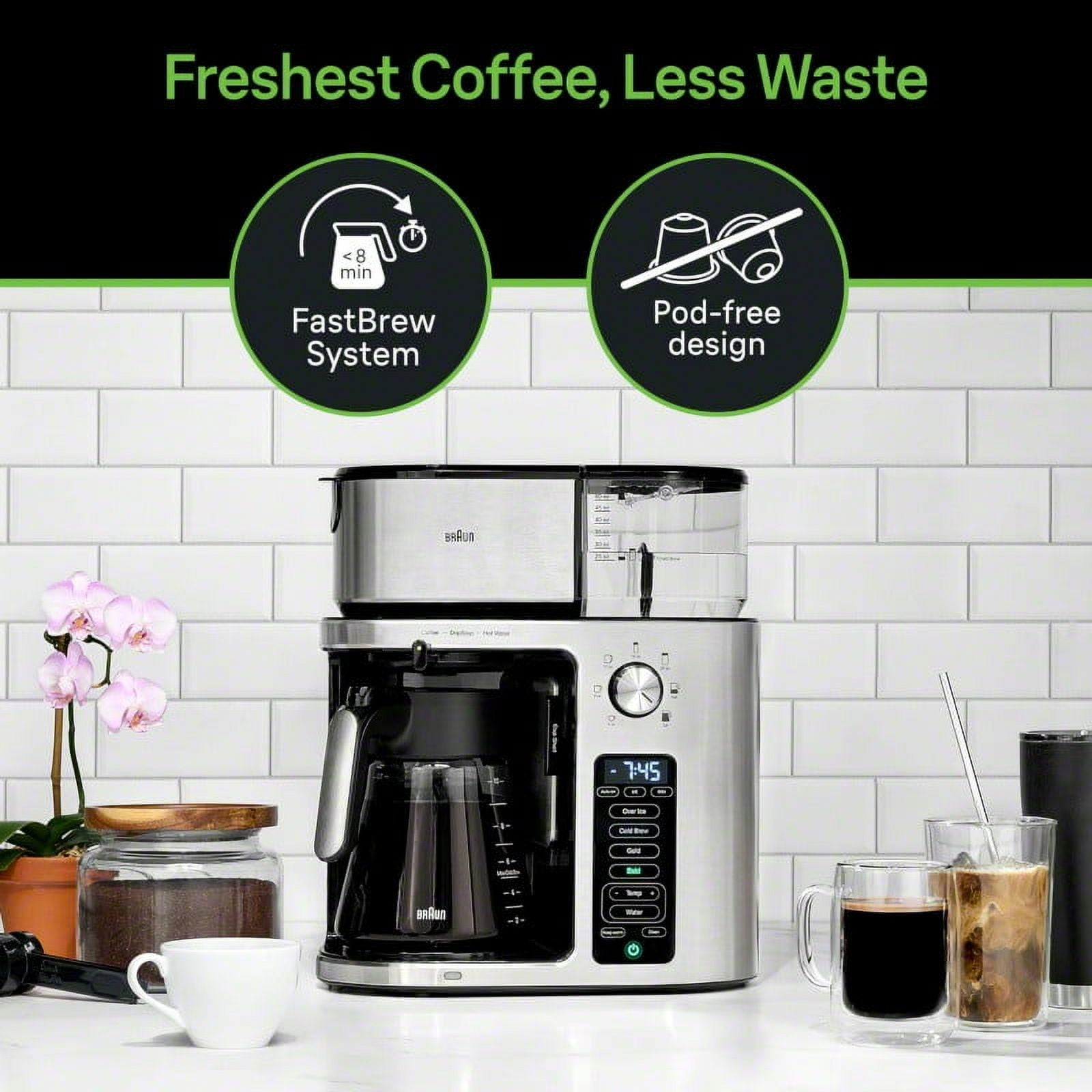 Braun MultiServe Plus 10- Cup Pod Free Drip Coffee Maker, 7 Brew Sizes / Hot & Cold Brew & Hot Water for Tea, Stainless steel KF9370SI