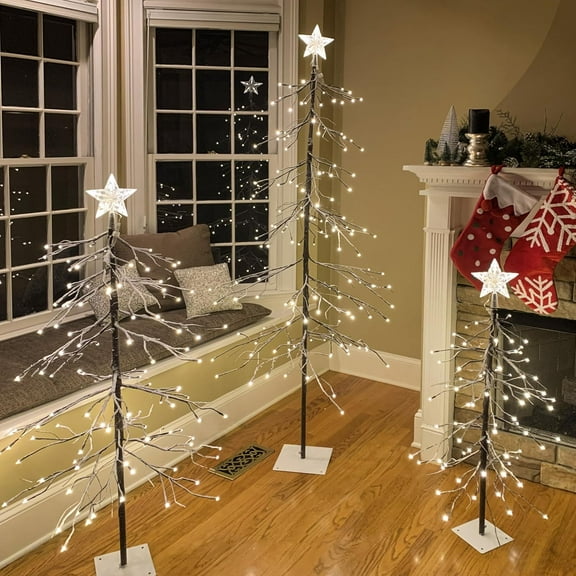 Set of 3 Lighted Snow Tree 3FT 4FT and 6FT LED Artificial Tree for Decoration Inside and Outside Home Patio Christmas Wedding Festival Decor Warm White