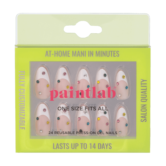 PaintLab Medium Almond Press On False Nails 3D, Bejeweled, White French Tip, 30 Count