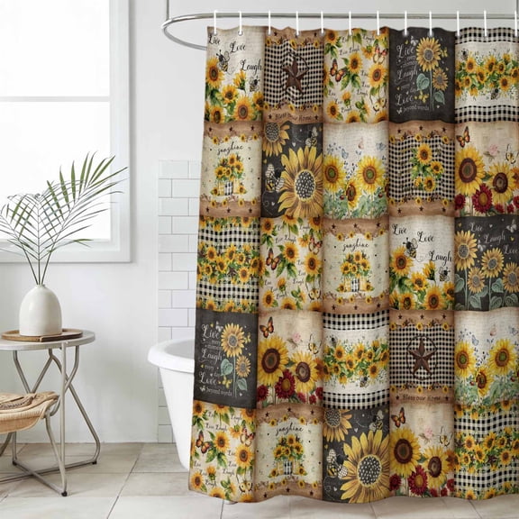 Bathroom Shower Curtain Vintage Country Pastoral Sunflower Plaid Waterproof Shower Curtains with Hooks, Yellow Brown Bath Curtains Bathtub Curtain Home Decor 36x72in