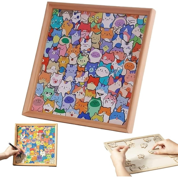 DIY Wooden Cat Puzzle Frame, Wooden Coloring Puzzle, Paintable Creative Handmade Photo Frame, Cat Puzzles Decor for Home Decoration Craft Lover(No Pen)