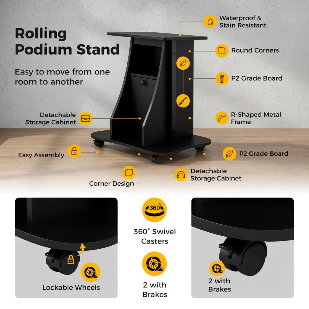 Topcobe Adjustable Mobile Standing Desk Cart with Tilt Desktop and Cabinet, Perfect Addition to Home, Office, Kitchen, Dining Room, Black