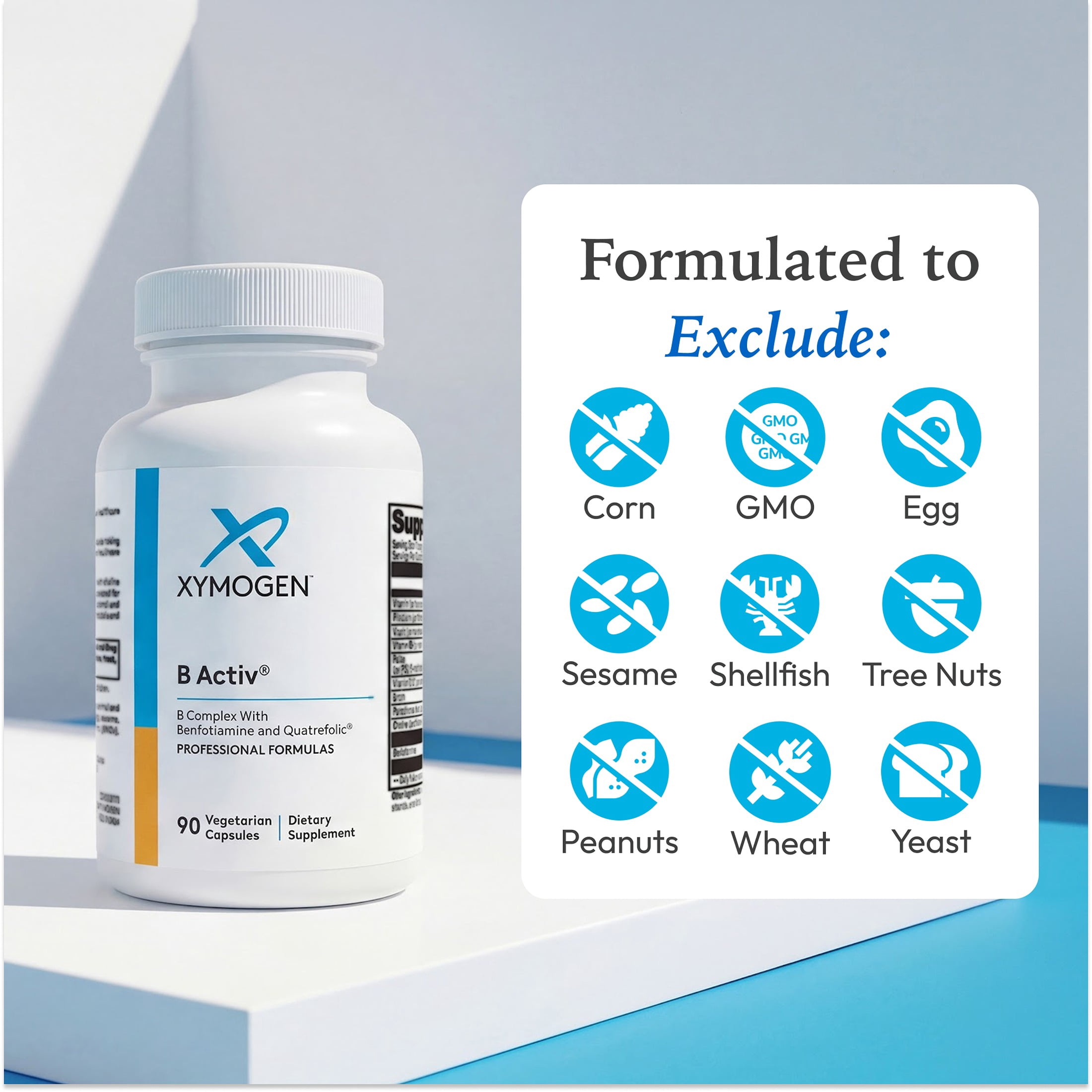 XYMOGEN B Activ Vitamin B Complex with Benfotiamine, Methylfolate, Biotin, Vitamin B6 & B12 (Methylcobalamin b12) - Energy Supplements for Adrenal & Mood Support (90 Capsules)