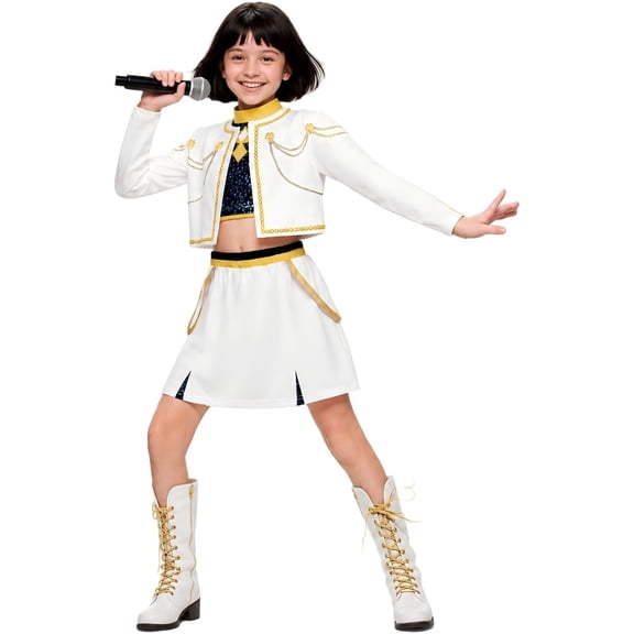 HTQWLP Girls Halloween Costume, Pop Style Halloween Cosplay Dress Up Include Jacket Tank Top Skirt, Girls' Group Stage Performance Outfit, 2-14Y Girls Birthday Party & Fancy Dress Playwear