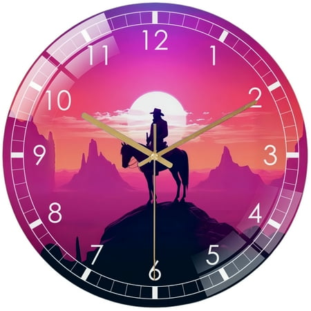 Decorative Clocks: Wild West Sunset Glass Wall Clock, Cowboy Decor Wall Clock for Homes, Bars, Offices, Caves, Garages, And Living Rooms .Also Makes A Great Gift. Style 12×12inch(30×30cm)
