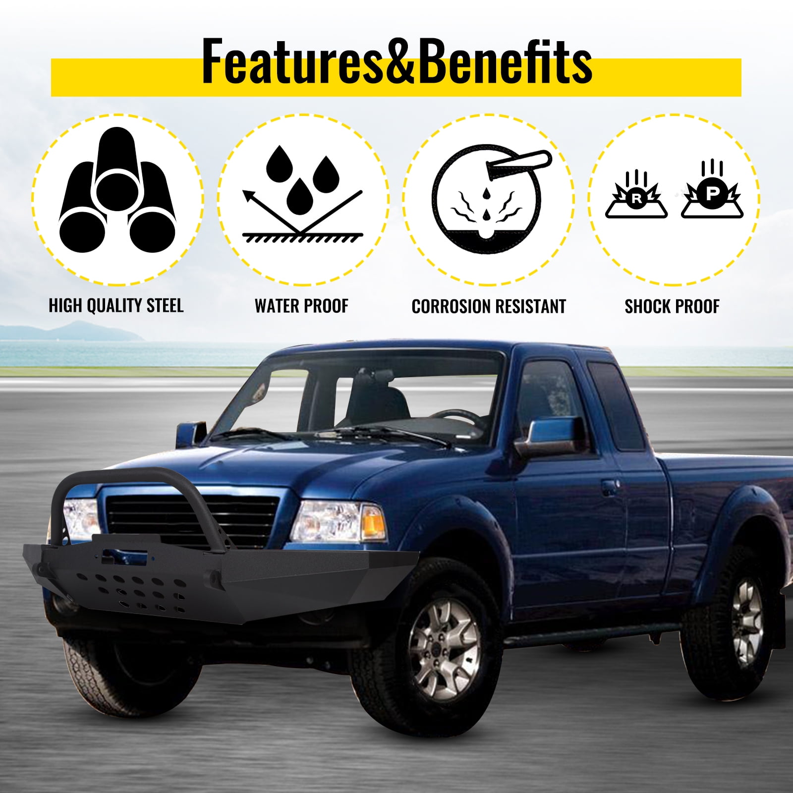 Kojem Bull Bar Bumper for 1998-2011 Ford Ranger W/ Winch Plate D-Ring Front Mounts Modular
