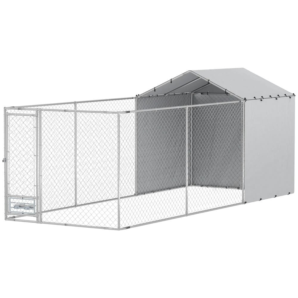 Canddidliike Galvanized Chain Link Large Outdoor Dog Kennel with Waterproof & UV-Resistant Cover, 19.7FT x 7.5FT x 7.5FT Dog Kennel for M&L Dogs, Silver