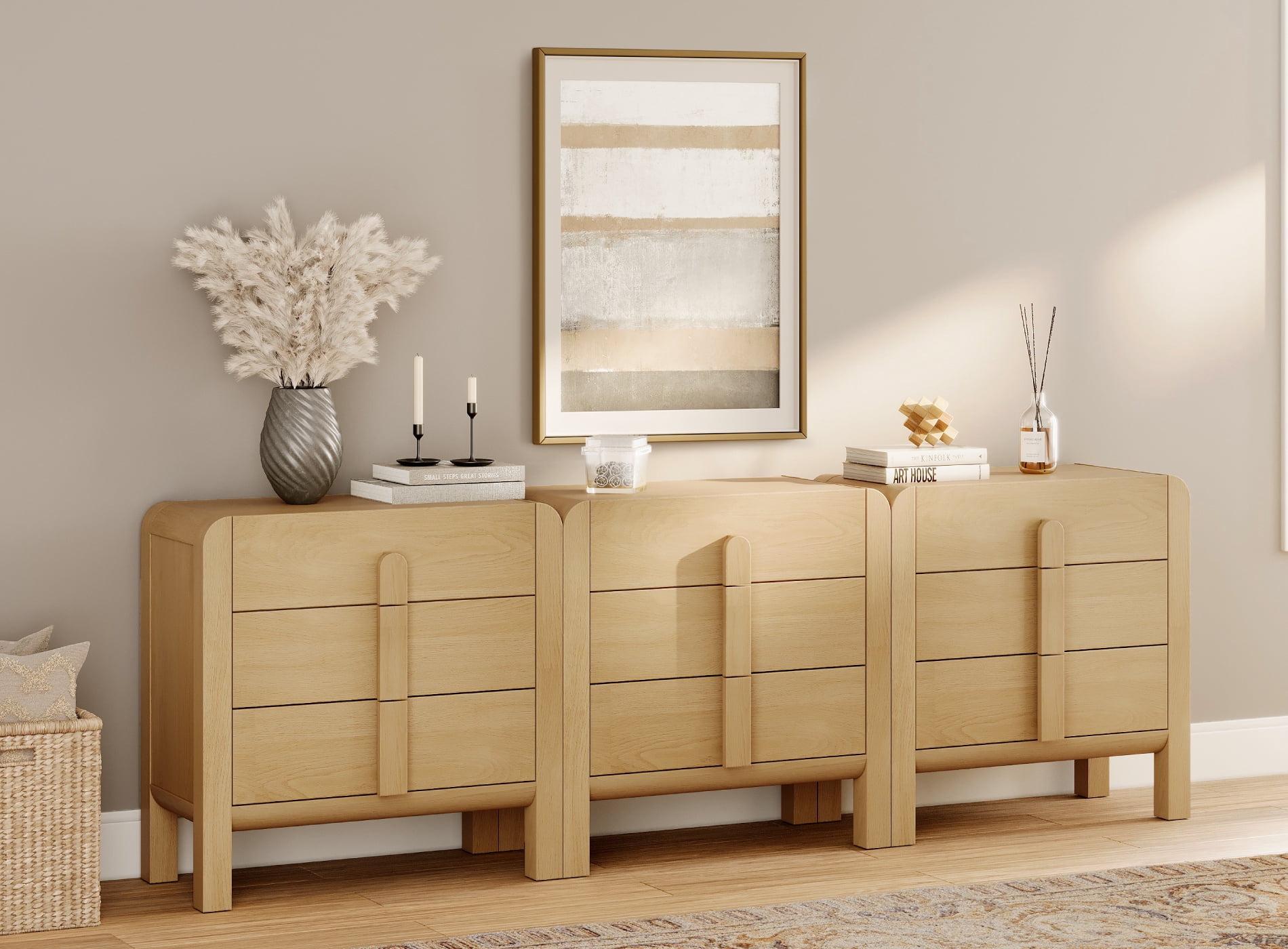 Dresser for Bedroom, Mid Century Chest of Drawers with Storage, 9 Drawer Dresser with Curved Profile Design, Wooden Modern Dresser for Living Room, Bedroom, Entryway