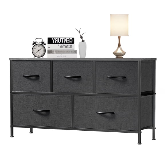 EDX 5 Drawer Dresser, Wide Chest of Drawers Nightstand Storage Tower Storage Fabric Dresser with Wood Top for Living Room, Bedroom, Hallway,Black