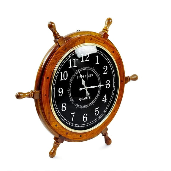 Nagina International 18" Black Dial Wooden Ship Wheel Clock | Wood Wall Decor Antique Time Hanging Clock