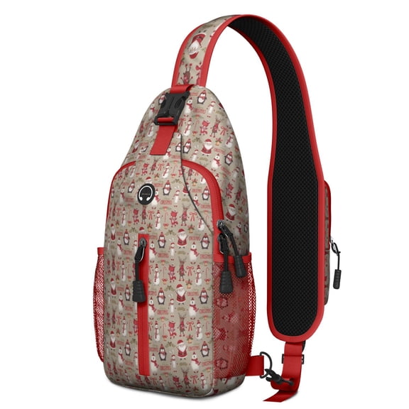 Sling Backpack,Beige Christmas Character Pattern Crossbody Bag with Water Bottle Holder,Waterproof Sling Bag for Men/Women with Chest Phone Holder for Hiking,Travel
