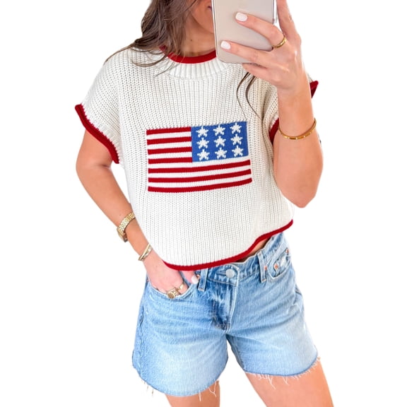 Women's American Flag Cropped Sweater – Short Sleeve Round Neck Summer Knit Top, Patriotic Casual Style, XL