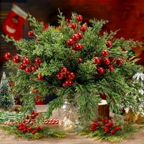 Steadline Christmas Pine Needle and Berry Decor Set - Plastic Holiday Arrangement for Tabletop Mantel Display - Festive Home Office Seasonal Decoration