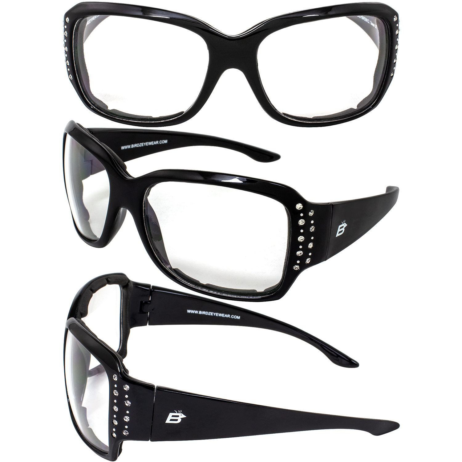 Birdz Eyewear LadyBird Padded Motorcycle Sunglasses Glasses for Women Bling Rhinestone Accents 3 Pairs Black Frame w/Clear Smoke & Driving Mirror Lenses - image 4 of 9