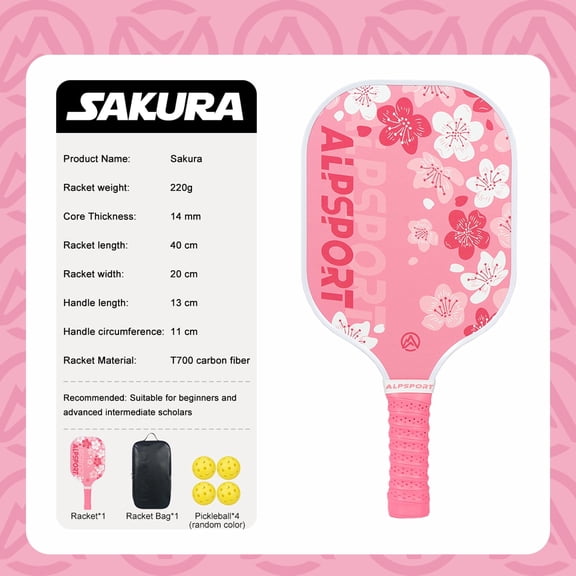 Sakura Pink Pickleball Paddle, Carbon Fiber, Matte Finish, UV Printing and Honeycomb Polymer Core, Non-Slip Grip, Excellent Spin and Control, Suitable for Men and Women, Pickleball Intermediate