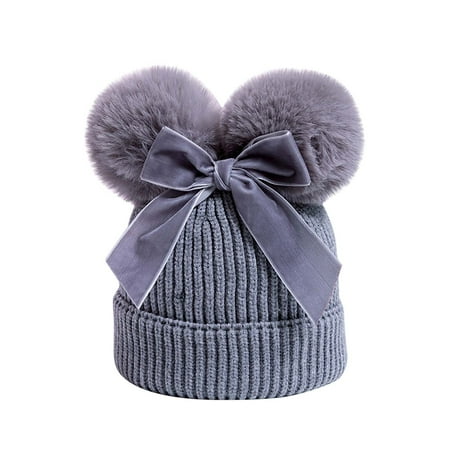 

YWDJ 6-36 Monts Fall Winter Boys Girls Double Hair Ball With Bow Knitted Windproof Warmth Ear Protection Kids Hat Gray