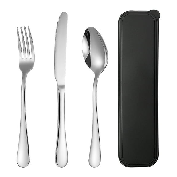 Portable Utensils Set with Case Travel Flatware Set with Case 3 Piece Stainless Steel Reusable Utensils Silverware Set Camping Utensils Office Camping for Lunch Box (Black)