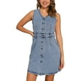thumbnail image 1 of Vestidos de mezclilla sin mangas INSPIRE CHIC para mujer, con botones, escote en V, bolsillos, vestido midi casual para oficina XL gris azul, 1 of 5