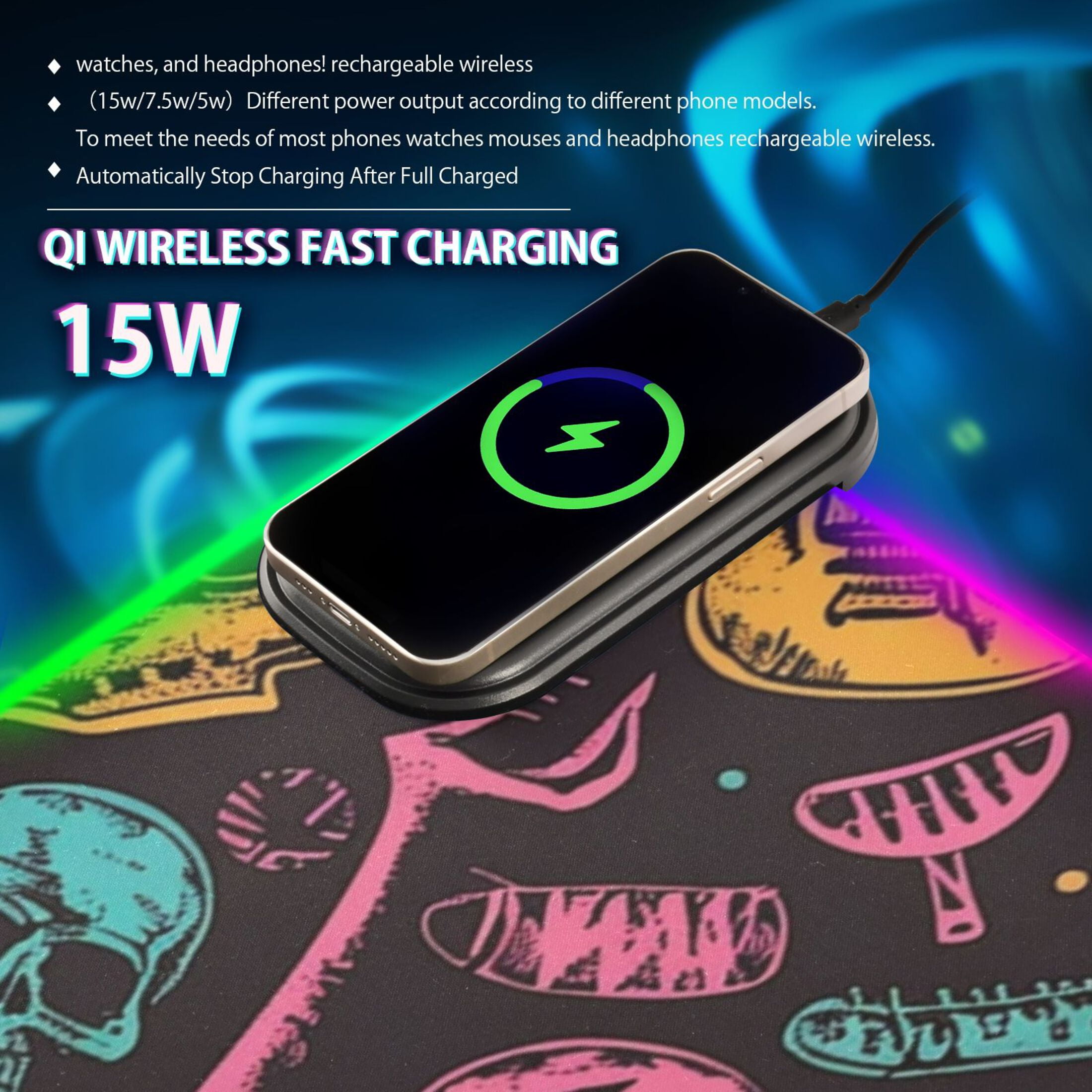 Wireless Charging Mouse Pad Large RGB Gaming Desk Mat 13 Light Modes Mousepad 31.5x11.8 Neon Guitar and Skull