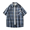 thumbnail image 2 of WREESH Men's Swaeshig Loose Casual Button Down Shirts Plaid Turn-Down Collar Short Sleeve with Pockets for Trendsetting Style Blue, 2 of 7