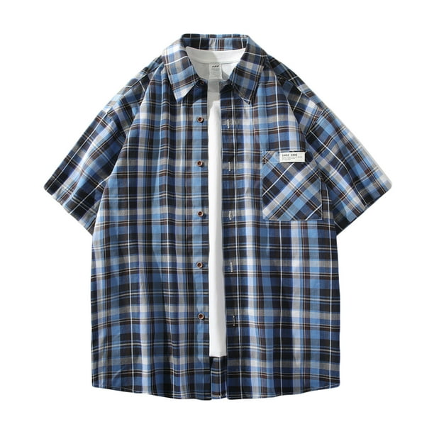 Mens Manga Corta Botón Abajo Camisas Cuadrado Gira-Abajo Cuello Casual Blusa, Camisas de Hombre Casual