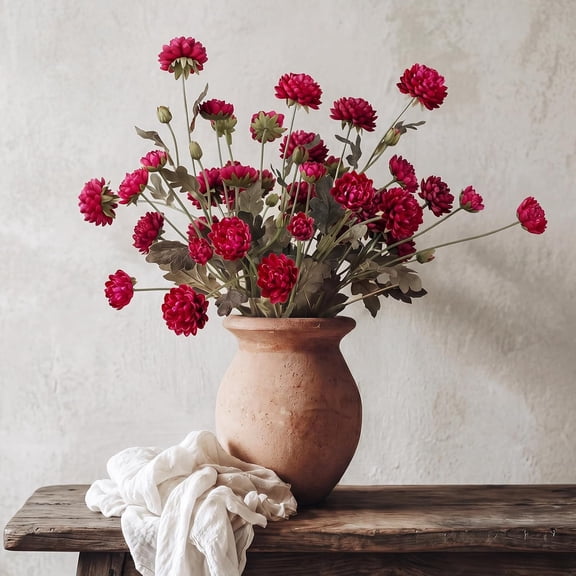 6 Pcs 24" Faux Mum Flowers, Artificial Small Mini Chrysanthemum Branches with 36 Pom Pom Blooms, Silk Floral Stems for DIY Wedding Farmhouse Bouquets Centerpieces Tall Vases(Rose Red)