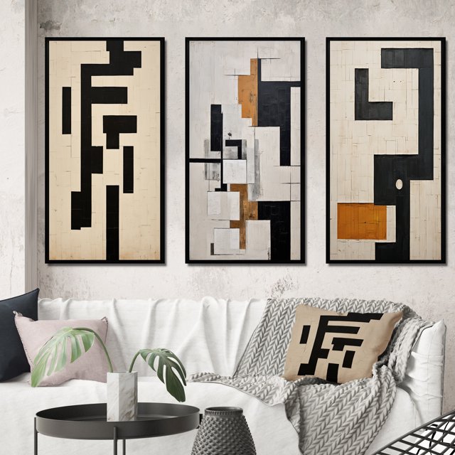 Designart "Abstract Monochrome Minimalism New Order I" Modern Geometric Framed Wall Art Set Of 3 - Black Abstract Frame Canvas Set For Living Room Decor