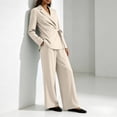 thumbnail image 6 of BRELIL Women Plus Size Two Piece Sets V Neck Long Sleeve Blazer Wide Leg Pants Matching Elegant Casual 2 Piece Outfits Lounge Work Travel, Beige 3XL, 6 of 8
