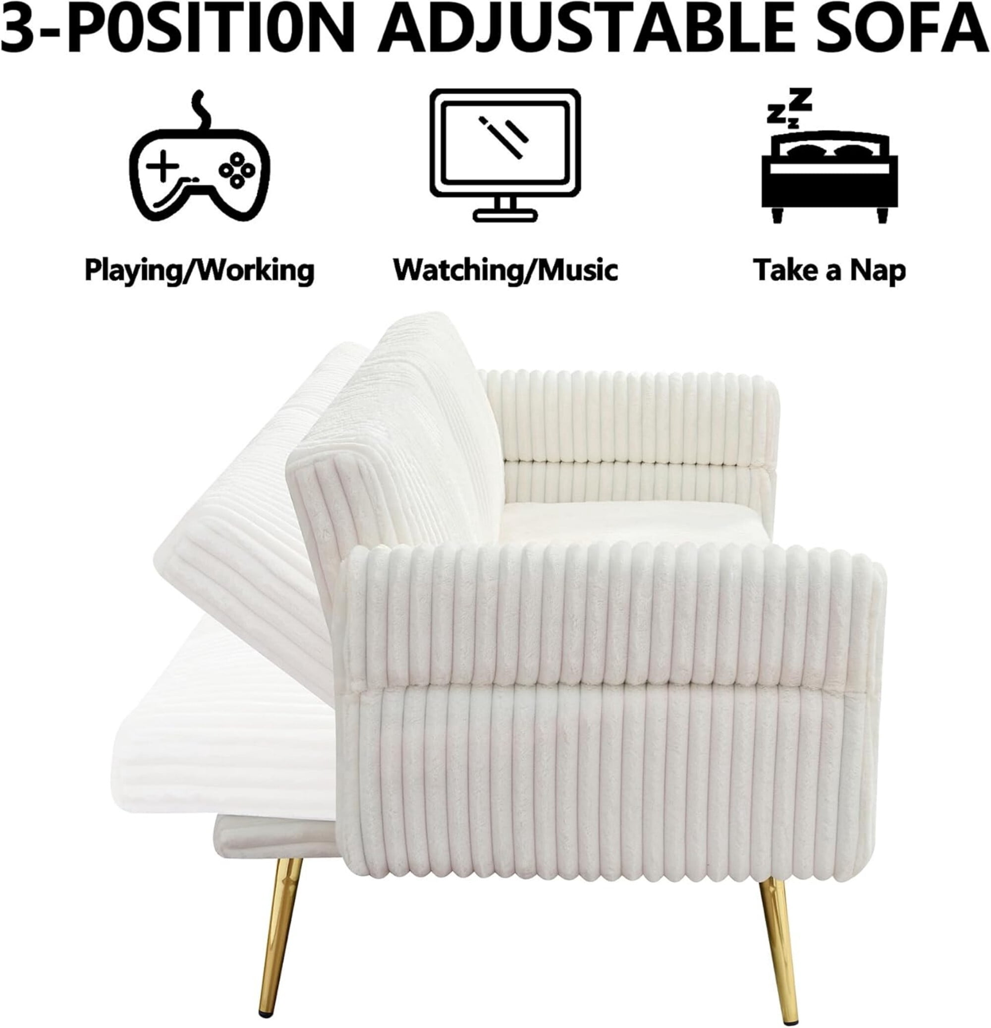 AENKYO 79'' Corduroy Convertible Futon Sofa Bed, Modern Sleeper Couch with Adjustable Arms & Back, White