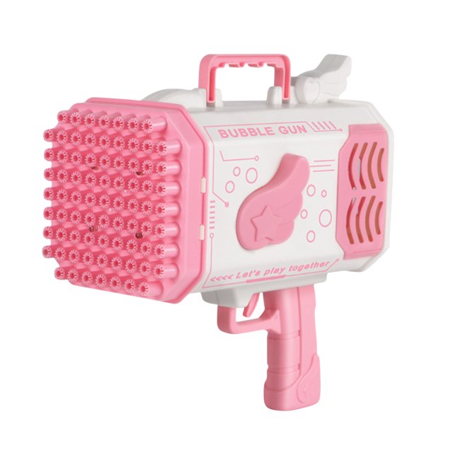 máquina para hacer burbujas con 77 agujeros y luz de verano para actividades al aire libre en interiores bubble blaster party favors electric automatic bubble blower toys máquina eléctrica automática color rosado, vista 3/4 frontal con asa superior y gatillo tipo pistola; panel frontal hexagonal con 77 orificios en filas, ventilas laterales, bandeja inferior extraíble para líquido y luz LED integrada; tamaño aprox. 27.5 x 16 x 26.5 cm; ideal para fiestas, exteriores e interiores y adecuada también para sesiones de fotos y entretenimiento familiar.