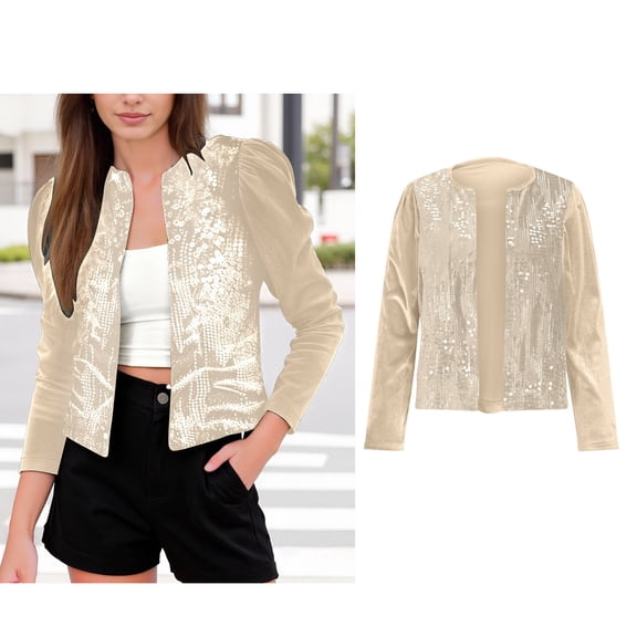 Women's Beige Sequin Jackets for Women Long Sleeve Sparkle Cardigan Sequin Top Women