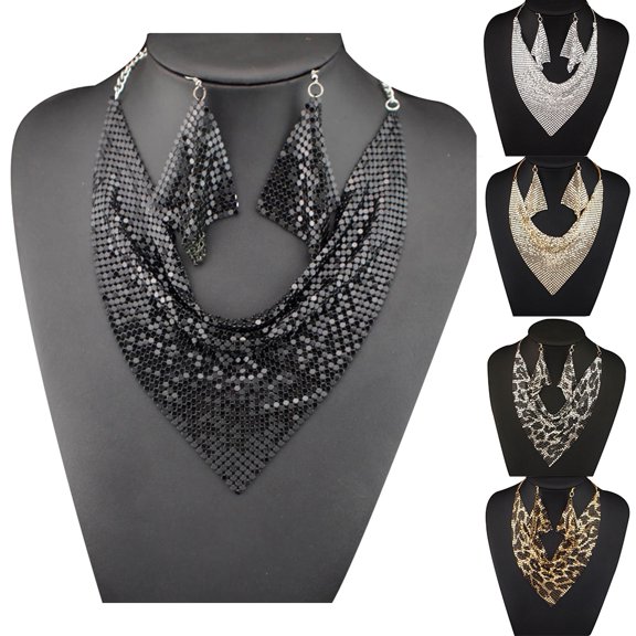 SmartBy 2Pcs/Set Women Triangular Scarf Sequins Charm Statement Bib Necklace Earrings