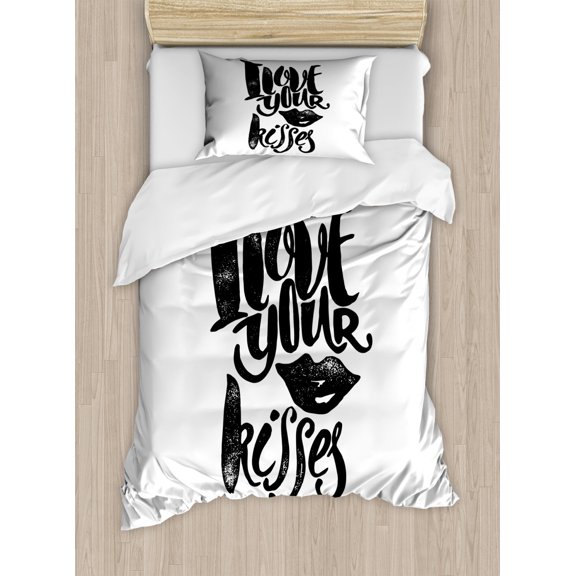 Romantic Duvet Cover Set Twin Size, I Love Your Kisses Grungy Looking Phrase with Smiling Woman Black Lipstick Mark, Decorative 2 Piece Bedding Set with 1 Pillow Sham, Black White, by Ambesonne