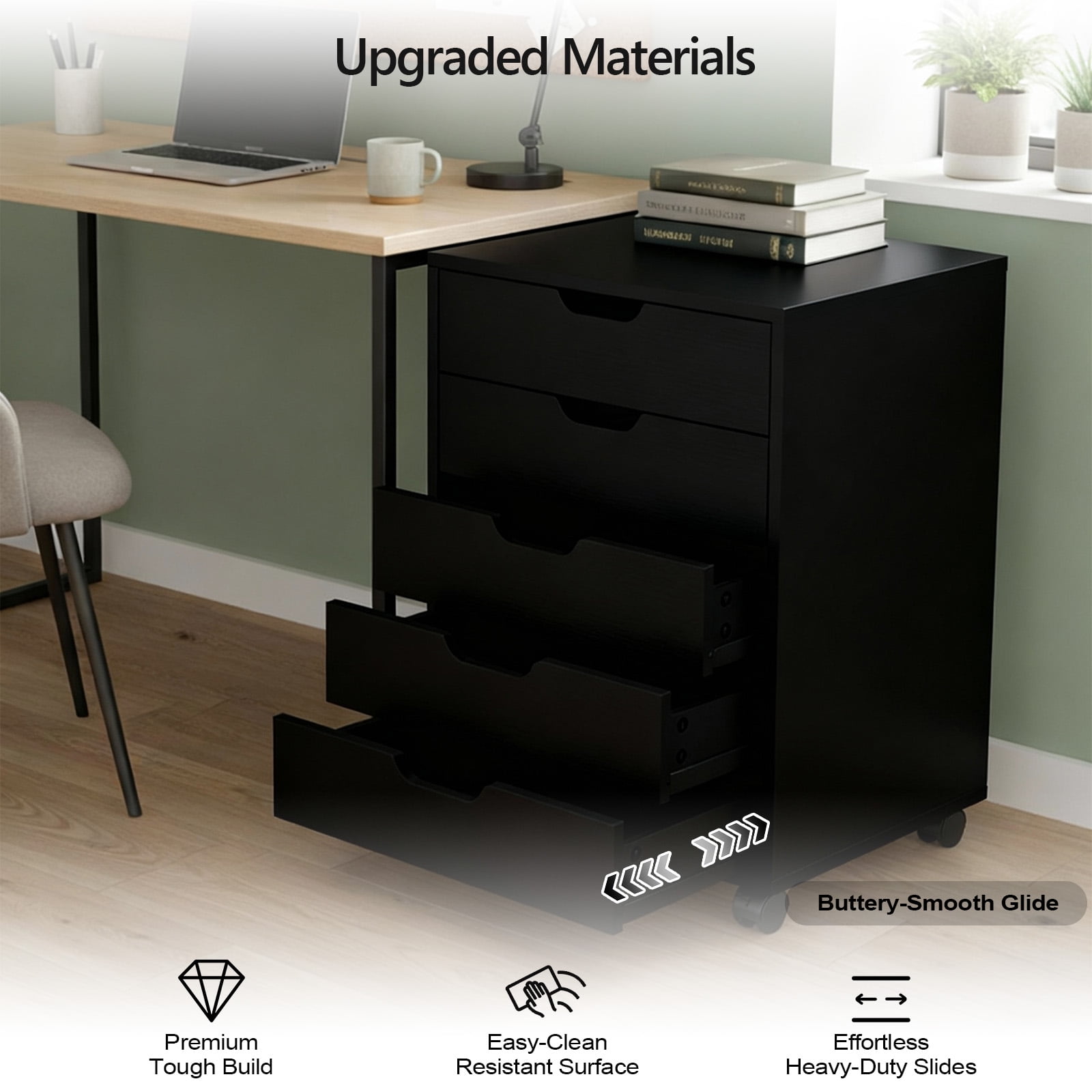 Ktaxon Mobile 5 Drawer File Cabinet Rolling Storage Cart Wood File Cabinet with Wheels, Black