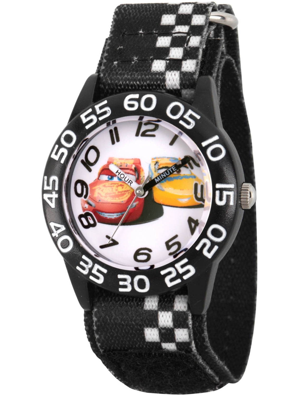 Cars 3 Lightning McQueen and Cruz Ramirez Boys' Black Plastic Time Teacher Watch, Black Hook and Loop Nylon Strap with White Plaid Printing