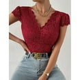 thumbnail image 6 of YYDGH Women Lace Short Sleeve Bodysuit Sexy Deep V Neck Crotch Leotard Tops Red M, 6 of 9