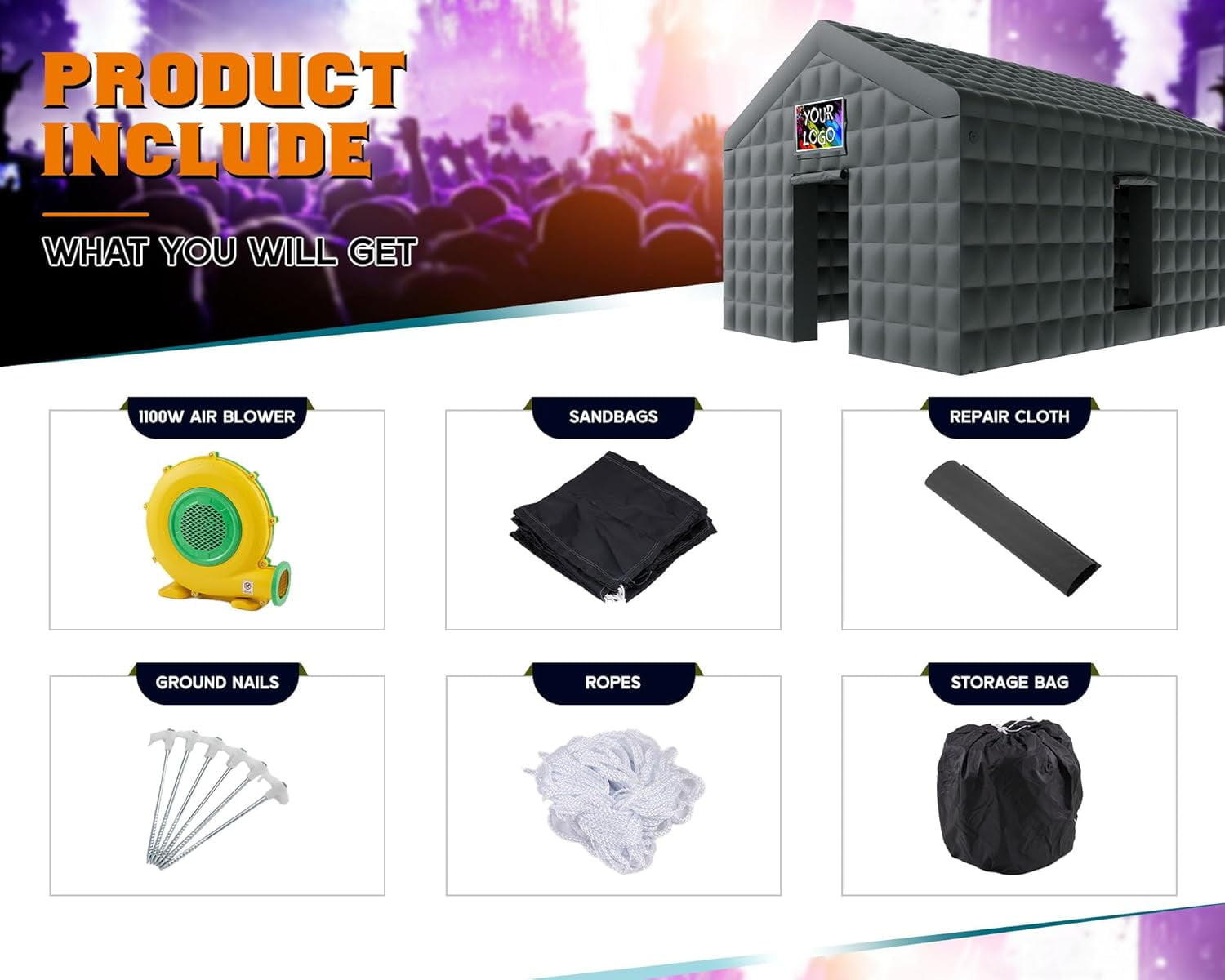 LUXOAK 20x16x14 ft Large Black Inflatable Night Club Tent for Adults with 2 Side Doors, Inflatable Nightclub with Logo Area Gazebo Event House for Wedding Birthday Backyard Party