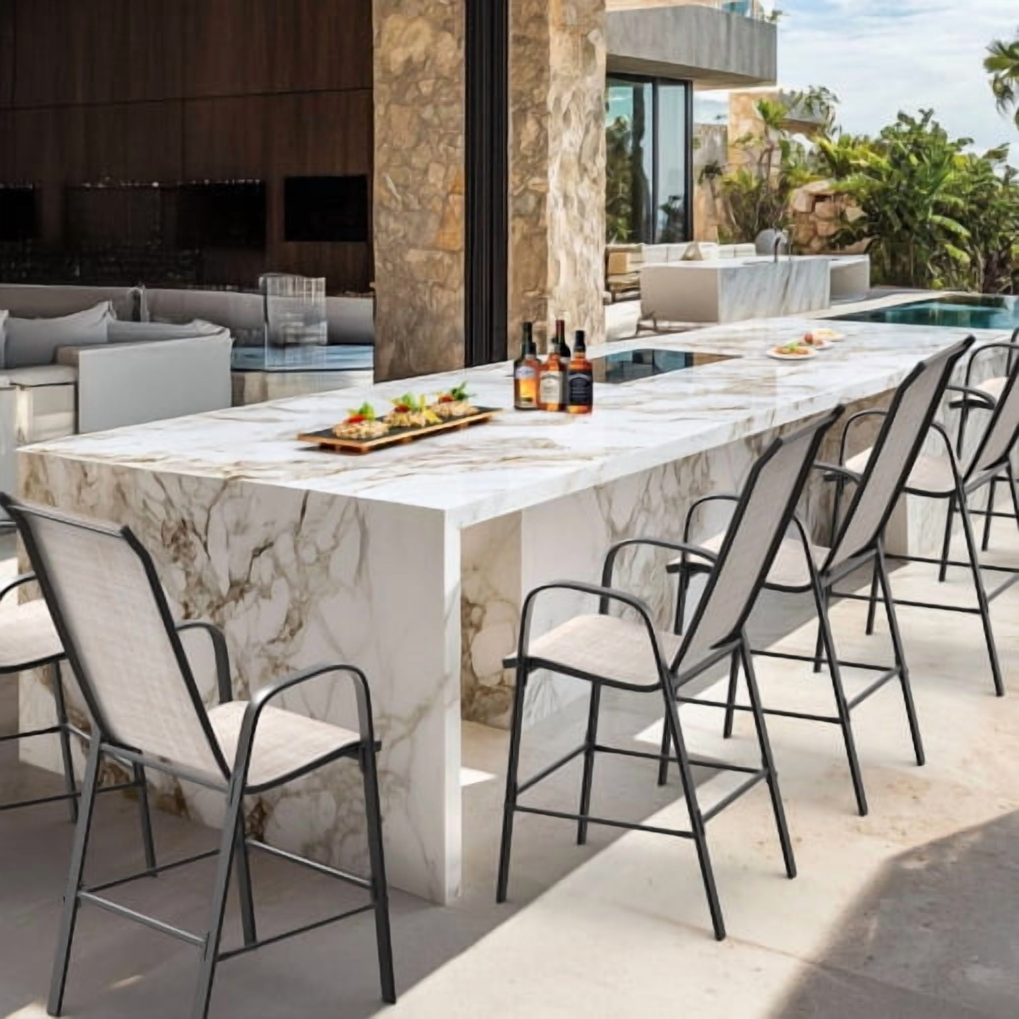Ktaxon 4Pcs High Patio Outdoor Dining Chairs, Textilene Stackable Armrest Chairs Space Saving for Backyard Porch Garden - Khaki