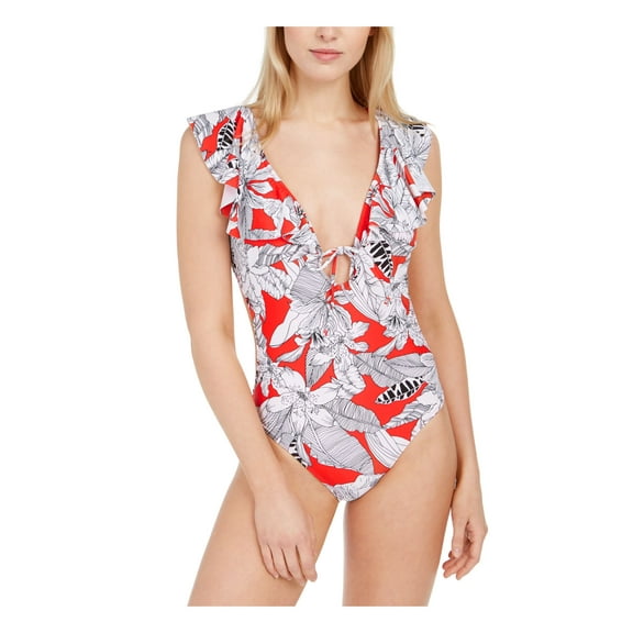 RACHEL RACHEL ROY Women's Red Floral Stretch Removable Cups Lined Ruffled Adjustable Moderate Coverage Island Getaway One Piece Swimsuit L