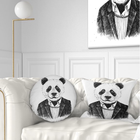 Designart Funny Hipster Panda Black White - Animal Throw Pillow - 12x20