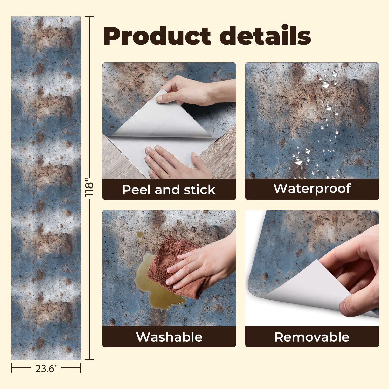 Modern Industrial Weathered Concrete Wall Texture Peeling Blue Paint Rust Wall Mural 23.6in x 9.8ft Self Adhesive Removable Wall Paper Renter Friendly Wallpaper for Bedroom Cabinets