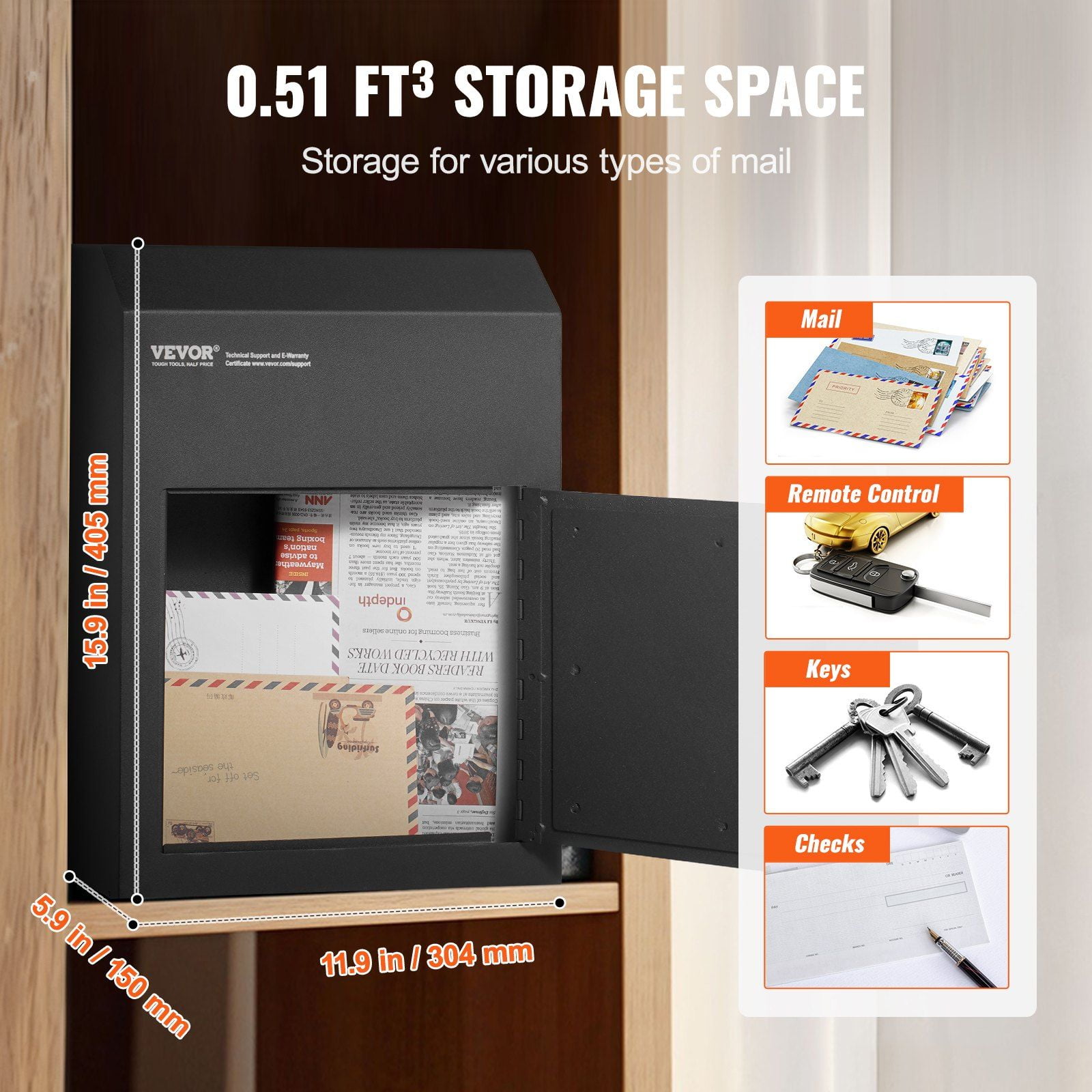 Heavy Duty Through The Door Key Drop Box, 12" Lockable Mail Slot, 12x6x16" Steel Mailbox, Black - Secure Package Delivery